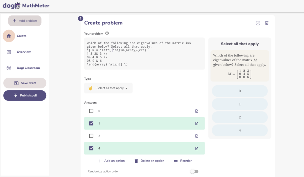 Dogl MathMeter problem creation screen